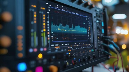 Poster - complex waveforms are dancing across the screen of a professional sound equipment, indicating levels