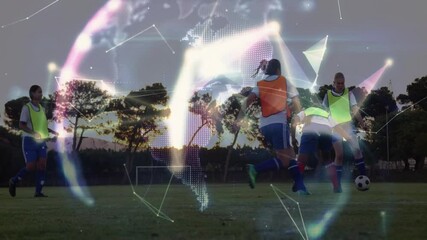 Poster - Animation of soccer players on field with digital globe and network connections