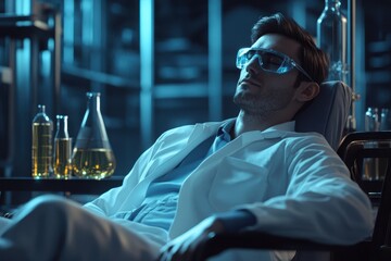 Poster - Scientist resting in laboratory with glassware and colorful liquids at night
