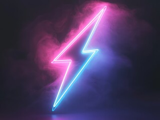Poster - Neon lightning bolt design glowing against a dark smoky background, showcasing vibrant pink and blue hues for creative and artistic projects