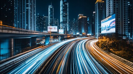 Wall Mural - night cityscape with light trails on a highway.