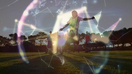 Poster - Soccer players practicing on field with digital network animation overlay