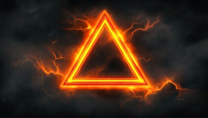 Wall Mural - Fiery orange neon triangle frame against a dark, stormy sky background.
