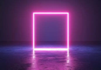 Poster - Neon Pink Square Frame with Reflections on Dark Floor in Minimalist Space, Futuristic Design for Modern Digital Artwork and Backgrounds