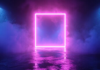Poster - Neon Pink Square Frame Surrounded by Colorful Mist and Reflections in a Dark Atmosphere for Futuristic, Abstract and Tech Inspired Designs