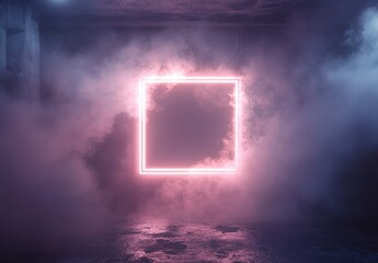 Poster - Neon Square Frame in a Foggy Urban Setting with Multicolored Lights and Moody Atmosphere, Ideal for Contemporary Artwork and Digital Design Projects
