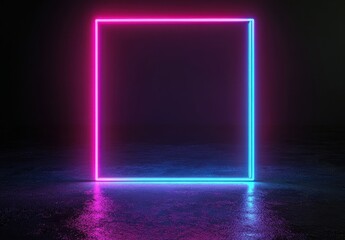 Poster - Neon Square Frame in Dark Space with Reflections, Vibrant Pink and Blue Colors for Creative and Modern Backgrounds or Designs