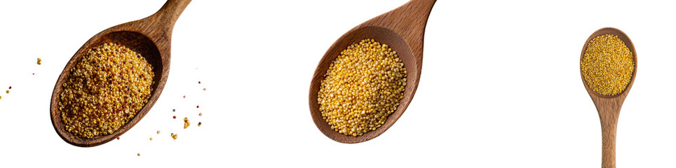 Poster - On a white background, a wooden spoon has been placed containing amaranth seeds