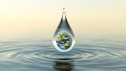 Wall Mural - Transparent water droplet suspending a miniature globe of the Earth floating mid air above a serene reflected surface   a conceptual of environmental sustainability