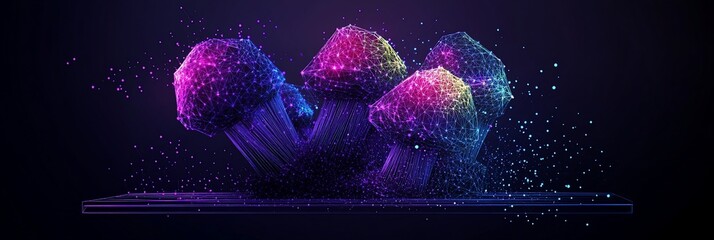 Wall Mural - psychedelic glowing mushrooms cluster on dark background.