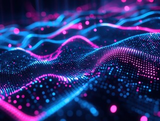 Poster - Abstract Digital Data Visualization of Glowing Blue and Pink Particles on Undulating Surfaces