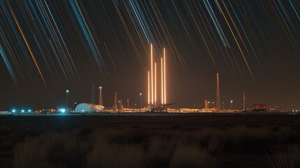 Wall Mural - nighttime long-exposure shot of a rocket launch complex with star trails.