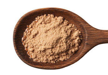 Poster - Flaxseed that has been milled and grounded, also known as linseed, is shown with a wooden spoon on a white background