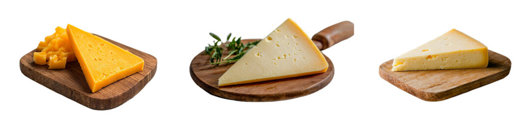 Poster - On a wooden cheese plank, a piece of hard orange Cheddar cheese is captured in an isolated close-up