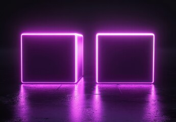 Poster - Two glowing neon purple cubes on a reflective surface against a dark background, captivating light effects and modern aesthetic for creative projects