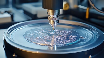 Poster - Advanced semiconductor manufacturing with silicon wafers being processed.