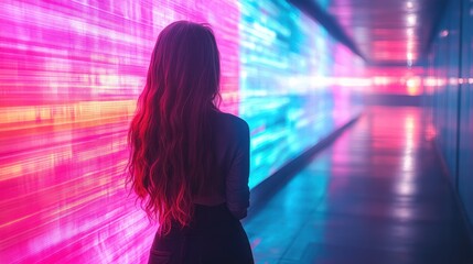 Poster - Woman admiring vibrant neon light tunnel.