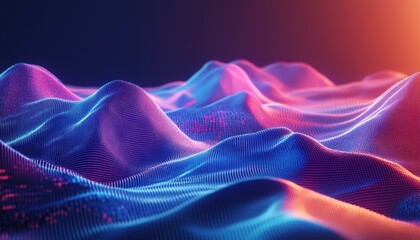 Poster - Abstract Digital Landscape With Flowing Curves Lit In Blue Purple And Orange Showcasing Futuristic Technology