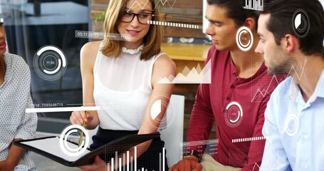 Poster - Discussing data analytics, business team with digital graphs overlay in office