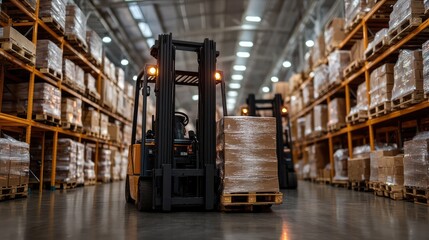 Poster - Large warehouse facility with automated forklifts organizing inventory.