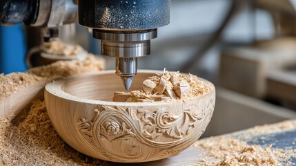 Poster - Modern woodworking factory with CNC machines cutting and shaping wood.