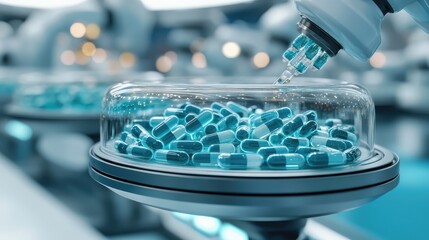 Poster - Pharmaceutical robotic arm sorting medicine bottles for distribution.