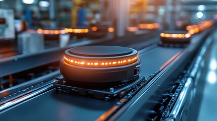 Poster - Robotic conveyor belt system optimizing logistics in a manufacturing warehouse.