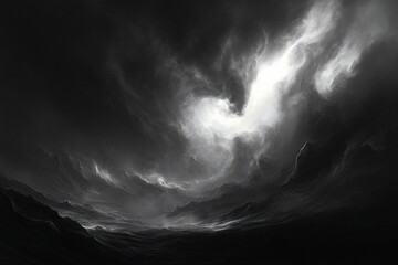 Wall Mural - dramatic grayscale landscape with swirling clouds and dark mountains creating a moody, atmospheric s