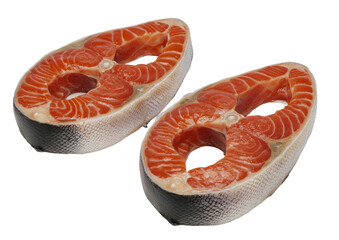 Poster - raw fish slices, steak, salmon, and trout, all isolated on a white background, with clipping path and full depth of field’ becomes ‘steak and various fish such as salmon, trout, and a slice of raw