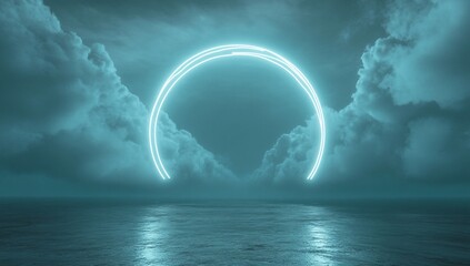 Wall Mural - glowing cyan neon circle ring above water reflecting light in dark cloudy sky.