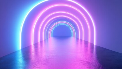 Poster - Vibrant Neon Arches in a Futuristic Hallway with Reflections on Wet Floor, Creating an Ethereal and Tech-Savvy Ambiance for Modern Spaces