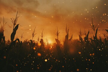 Wall Mural - silhouetted corn stalks at sunset with fireflies.