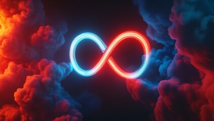 Wall Mural - glowing neon infinity symbol amidst red and blue smoke.