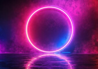 Poster - Vibrant Neon Circle with Bright Light Effect in Dark Atmospheric Background Ideal for Futuristic and Abstract Digital Art Illustrations