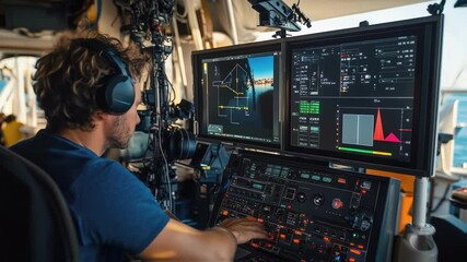 Poster - Professional video technician wearing headphones, operating remote control panel with two screens displaying graphs and video feed, working on a ship
