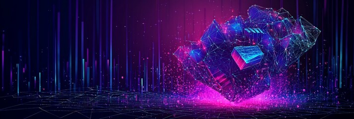 Wall Mural - Abstract digital art of a glowing, geometric crystal structure on a dark background with neon lines.