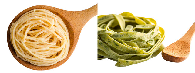 Poster - In a clay bowl, dry raw egg pasta noodles and a wooden spoon are isolated against a plain white background