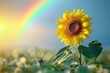 © KingN - A single sunflower faces the sun with a glowing rainbow stretching over a vast green field at sunset, representing optimism and perseverance.