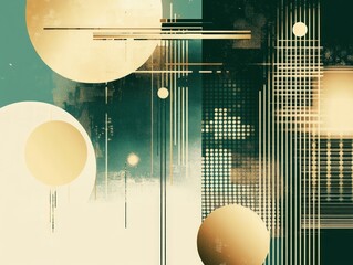 Poster - Abstract Gold Geometric Circles Lines And Shapes Over Teal And Beige Background With Textured Effect
