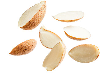 Aufkleber - Isolated on a white background, a snack consisting of baked almond pieces and cracks includes a clipping path