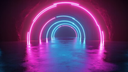 Poster - Vibrant Neon Light Arches in an Abstract Dark Tunnel with Reflective Water Surface and Futuristic Atmosphere