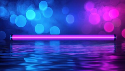 Poster - vibrant neon light illuminating calm water with colorful bokeh background in shades of blue and pink