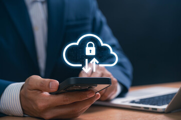 Leinwandbilder - Cloud storage and security technology for mobile data protection, encrypted backup, and online access, ensuring secure remote file storage, cybersecurity and seamless digital management for business