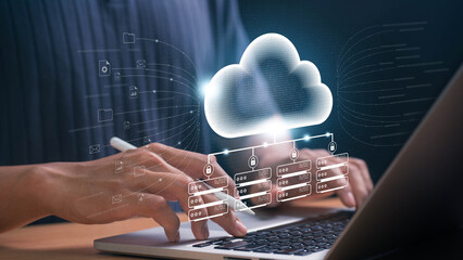 Leinwandbilder - Cloud based file storage and data security concept. IT professional manages digital files, ensuring cybersecurity, encryption, online access and network connectivity for seamless business operations