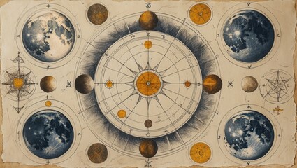 ink sketch of planets and stars, celestial map on old paper, circles and astrology signs illustratio
