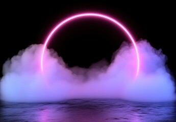 Poster - Vibrant Neon Ring Surrounded by Colorful Mist and Steam Creating an Ethereal and Dreamlike Atmosphere in a Dark Environment