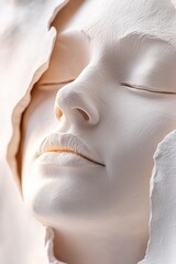 Poster - A striking abstract sculpture of a senior woman's face, crafted from soft white clay and illuminated by warm golden light, creates a serene and luxurious atmosphere