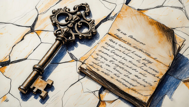 Decorative Key Rests On Old Book With Handwritten Text, Illustration On Crackled White Surface. Bronze color key with ornate design lies next to open book.
