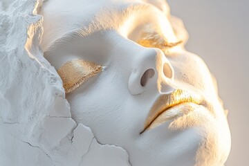 Poster - A striking abstract sculpture captures the serene face of a senior woman, crafted from white clay, highlighted by soft golden light. The artistic creation offers ample space for text