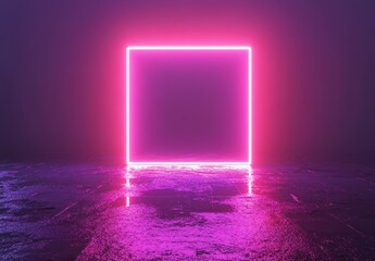 Poster - Vibrant Neon Square in Dark Space with Wet Floor Reflection and Moody Lighting, Ideal for Abstract Art and Modern Design Backgrounds